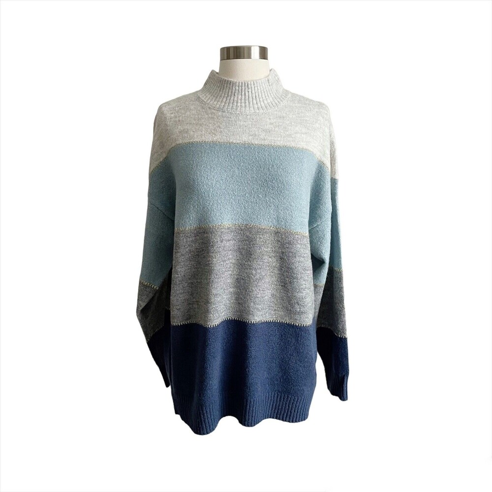 H Halston M Pullover Sweater Ribbed Knit Long Sleeve Stretch Mock Neck Blue